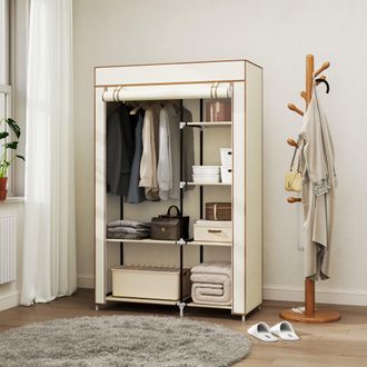 HOMCOM Fabric Wardrobe w/ Shelves Hanging Rail Foldable Closets - Cream | TJ Hughes