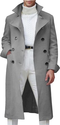 Generic Trench Coat Men Lapel Neck Double Breasted Overcoat Roll Up Sleeve Full Length Classic Winter Jacket with Pockets Thermal Windproof Outerwear Solid Co