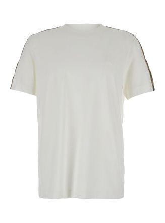 Burberry White Crewneck T-shirt With Check Motif On The Sleeve And Ekd Logo Embroidery On The Front In Cotton Man