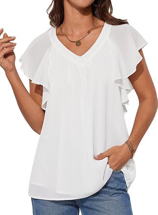 Grace Karin Womens Casual Ruffle Sleeve Blouse Elegant V-Neck Blouse Short Sleeve Summer Top Lightweight Breathable Pullover Tee Loose Fit Versatile Tunic White S