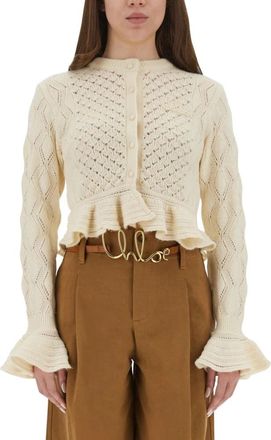 Chlo&eacute; Pointelle Cardigan - Dames - Vesten - Beige - M - Truien & Vesten