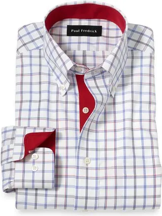 Paul Fredrick Cotton Buttondown Collar Broadcloth Slim Contrast Trim Button Cuff Long Sleeve in Blue/red at Nordstrom, Size 16.5
