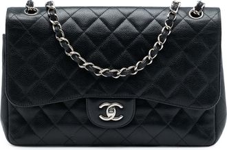 Chanel Pre-owned Womens Jumbo Classic Caviar Double Flap - Black Leather - One Size