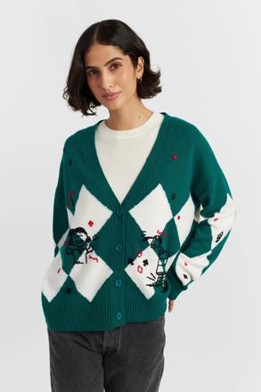 Chinti and Parker Emerald Wool-Cashmere Peanuts Poker Cardigan