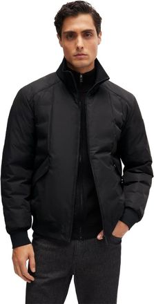 HUGO BOSS Mens Chymero Solid Patterned Ribbed Cuff Bomber Jacket in Black - Size 36 (Chest)