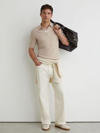 Reiss Oatmeal Brown Textured-knit Half-button Polo Shirt, Xxl