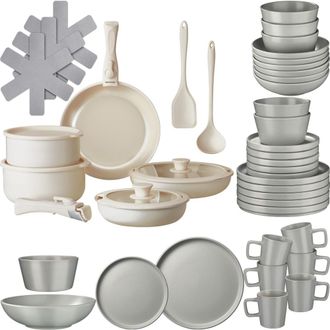 TecTake Set b&aacute;sico de cocina para 6 personas, 46 piezas, gris/blanco