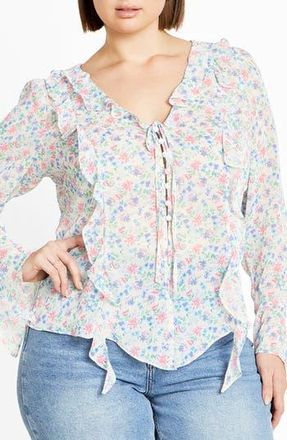 City Chic Lidia Floral Ruffle Long Sleeve Chiffon Top in Delicate Ditsy at Nordstrom Rack, Size Xxl/24W