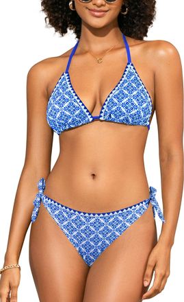 SHEKINI Womens Bikini Set Triangle Halter Tie Side Cheeky Bottom Paisley Shell Stitched Two Piece Swimsuit Boho Beach Swimwear, Blue Lozenge, XL