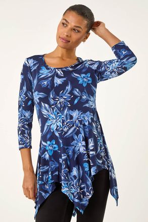 Roman Floral Print Asymmetric Tunic Top