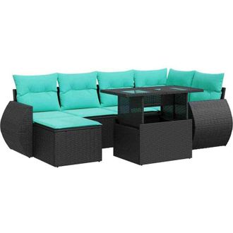 vidaXL 7 Piece Garden Sofa Set with Cushions Black Poly Rattan Acacia vidaXL