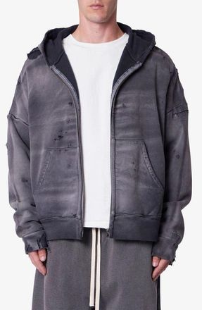 mnml Distressed Thermal Lined ZIp Hoodie in Black at Nordstrom, Size Xx-Large