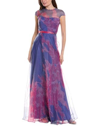 Rene Ruiz Cap Sleeve Sheer Overlay Floral Gown