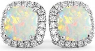 Allurez Halo Cushion Opal & Diamond Earrings 14k White Gold (4.04ct)