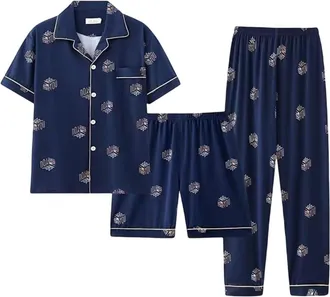 Generic Ladies Cotton Pyjamas Sets 3 Piece Short Sleeve Button Up Tops Casual Shorts Trousers Pjs Set Plus Size Baggy Soft Cosy Sleepwear Loungewear Suits Blu