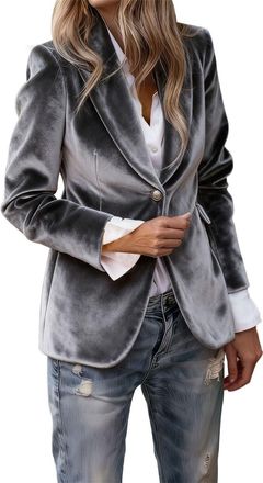 Generic Women Velvet Jacket Classic Vintage One Button Lapel Open Front Fitted Blazer Jacket Casual Business Work Outerwear(Light Ashy, XXXL)