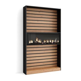 Skraut Home Librería efecto madera roble y negro 110x25x186 chimenea efecto fuego