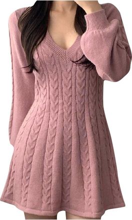 Generic Womens Cable Knit Sweater Dress Casual V-Neck Long Sleeve Flared A-Line Short Mini Dresses for Fall Winter(Pink,M)