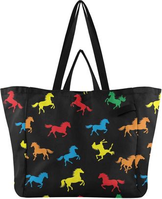 Generic Horse Colorful print Reusable Canvas Tote Bag, Heavy Duty Grocery Shopping Bag with Double Handles Large Capacity Hard Bottom Work Groceries Travel