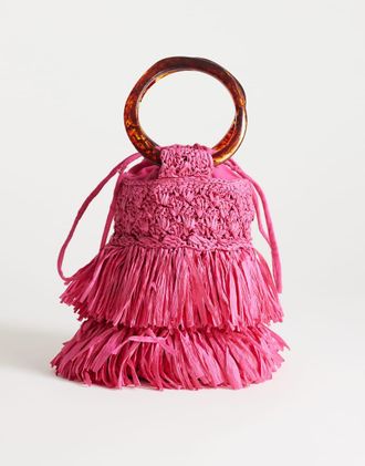Topshop Harper - Borsa a mano in paglia rosa con nappe
