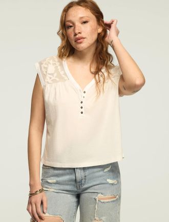 Lucky Brand Womens Mesh Embroidered Yoke Tee