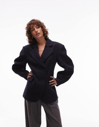 Asos Blazer sartoriale stretto in vita in misto lana color blu navy con maniche cocoon