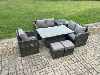 Fimous 7 Seater Rattan Furniture Garden Dining Set Outdoor Height Adjustable Rising lifting Table Love Sofa Chair in Dark Grey