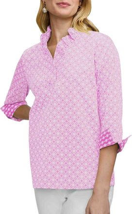 Foxcroft Tammy Geo Lattice Print Ruffle Collar Top in Pink/White at Nordstrom, Size X-Small
