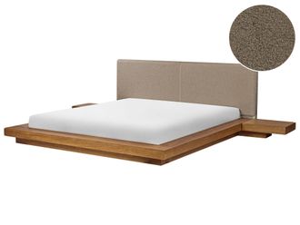 Beliani Letto Matrimoniale 180 X 200 Cm Con Piattaforma Con Comodini Testata Boucl&eacute; Tortora In Frassino Naturale Zen