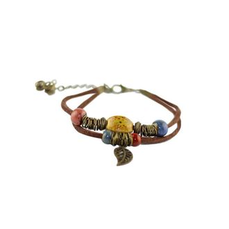 Generic Women s Handmade Ceramic Bead Braided Leather Bracelet Leaf Pendant Boho Style Jewelry Clever Multicoloured
