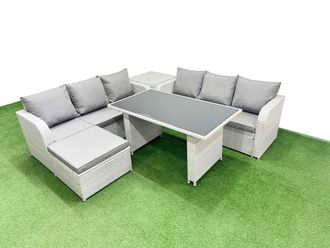 Fimous 7 Seater Rattan Outdoor Dining Table Set with Side Table Big Stool in Light Grey