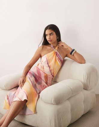 New Look Vestito midi allacciato al collo rosa con stampa sfumata e dettaglio in metallo