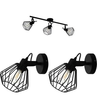 Loops Ceiling Spot Light & 2x Matching Wall Lights Black Wire Cage Adjustable Lamp