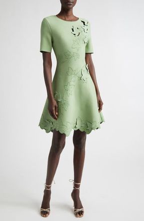 Oscar De La Renta Ivy Detail Stretch Knit Fit & Flare Dress in Green at Nordstrom, Size X-Small