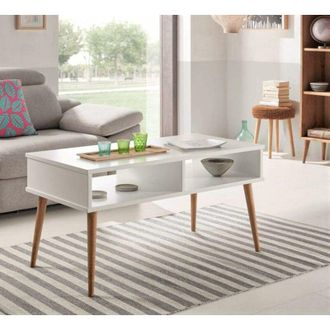 HOGAR 24 Mesa De Centro Dise&ntilde;o Vintage Dm Lacado Blanco Y Patas De Madera Natural Con Dos Compartimentos Fabricaci&oacute;n Artesanal - Blanco