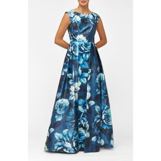 Kay Unger Kate Floral Layered Mikado Gown in Dark Ink Multi at Nordstrom Rack, Size 0