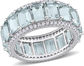 Amour 9 1/3 CT TGW Emerald Cut Aquamarine and 5/8 CT TW Diamond Eternity Ring In 14K White Gold