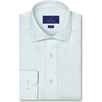 David Donahue Trim Fit Linen Herringbone Dress Shirt in Mint at Nordstrom, Size 15.5 - 32