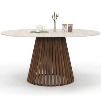 IDMarket Carmen Tavolo Da Pranzo Rotondo Allungabile 4-8 Persone Con Gambe A Doghe In Noce E Piano Effetto Travertino 110 - 150 Cm