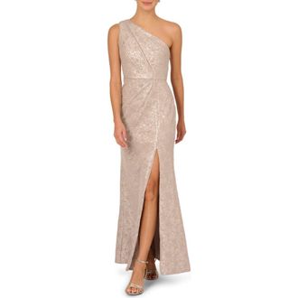 Adrianna Papell One Shoulder Sequin Jacquard Gown in Marble at Nordstrom, Size 12