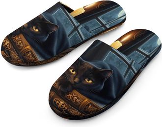 Generic Cat Vintage Books Mens Cotton Slippers Memory Foam Comfort House Shoes Winter Indoor Slipper for Hotel Casa Spa