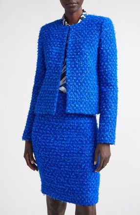 St. John Wool Blend Fringed Eyelash Yarn Jacket in Cobalt Multi at Nordstrom, Size 10