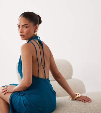 Asos Petite ASOS DESIGN Petite - Vestito lungo accollato con vita arricciata e schiena scoperta-Blu