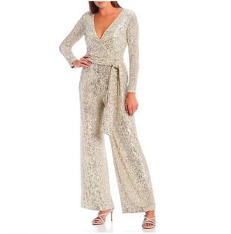Eliza J Sequin V-Neck Long Sleeve Straight Leg Wrap Jumpsuit In Beige