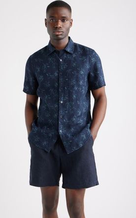 Nordstrom Leaf Print Short Sleeve Linen Button-Up Shirt in Navy Washed Leaves at Nordstrom, Size Xxx-Large