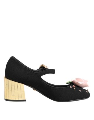 Dolce & Gabbana Black Flower Crystal Embellished Mary Jane Womens Shoes