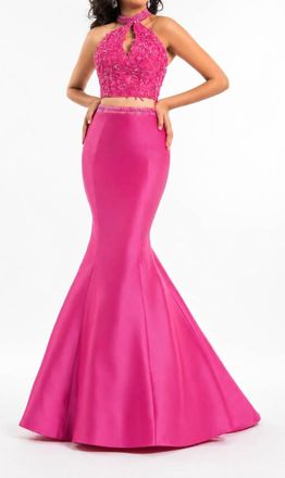 Rachel Allan Lace Mermaid Dress In Fuchsia