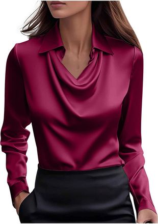 Generic Hot Pink Satin Blouse for Women UK Elegant Cowl Neck Silk Party Tops Fashion Long Sleeve Office Work Shirts Casual Turndown Collar Tunic Shirt Streetw