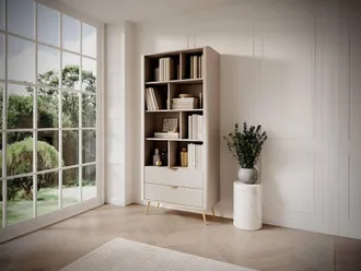 Vente-Unique Bookcase With 2 Drawers & 8 Recesses In MDF - Beige & Gold