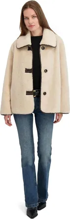 Elie Tahari Womens Faux Shearling Jacket with PU Trim, Light Beige
